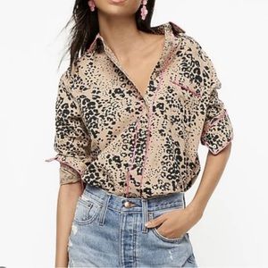 JCrew leopard and pink piping button up